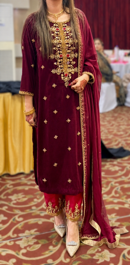 Royal Maroon Velvet Hand-Embellished Festive Set