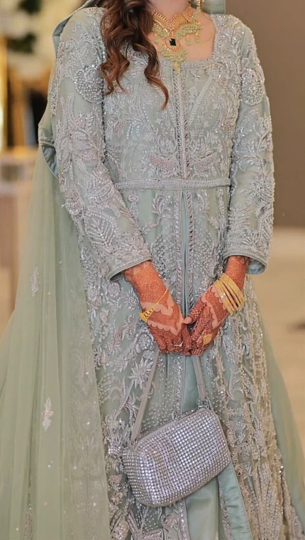 Mint Green Luxury Embellished Bridal Peshwas Set